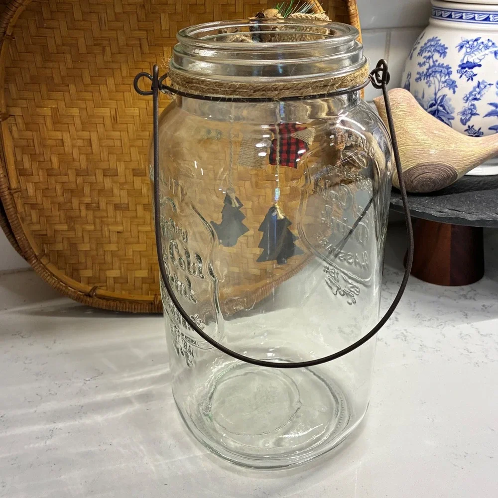 Lg Glass Decorative Jar Rustic Xmas Farmhouse Country Winter Cottage Primitive